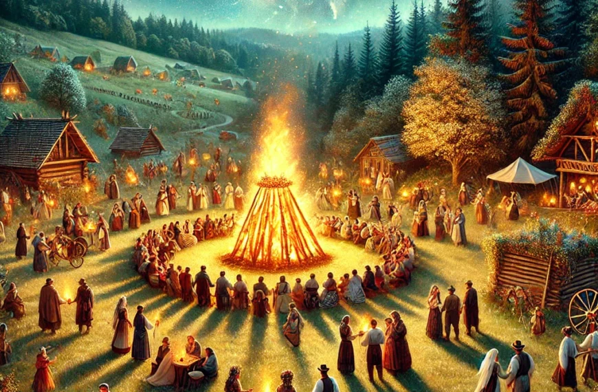 A vivid night scene depicting a traditional festival in a forest clearing with a large bonfire in the center surrounded by people in historical dress, engaging in dance and social activities, with rustic tents and cabins nearby, all under a starry sky with a visible moon.