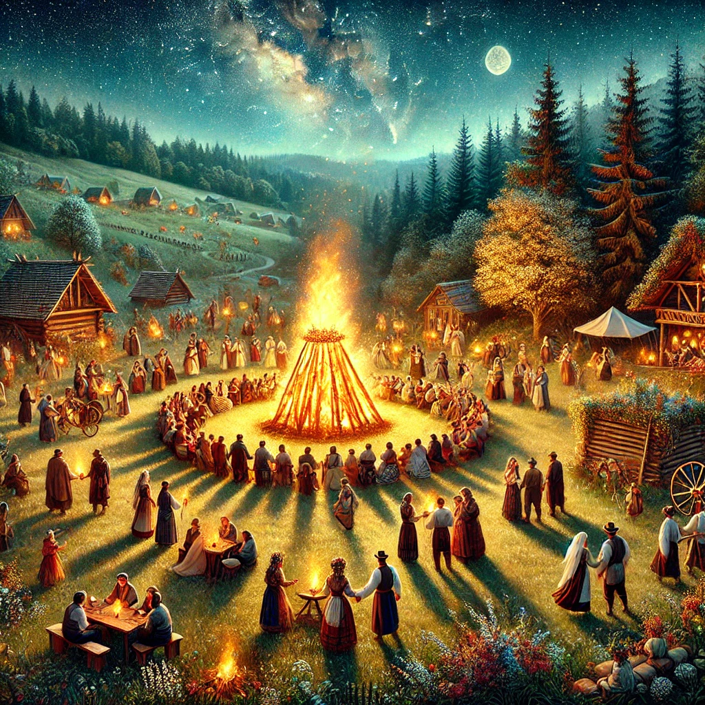 A vivid night scene depicting a traditional festival in a forest clearing with a large bonfire in the center surrounded by people in historical dress, engaging in dance and social activities, with rustic tents and cabins nearby, all under a starry sky with a visible moon.