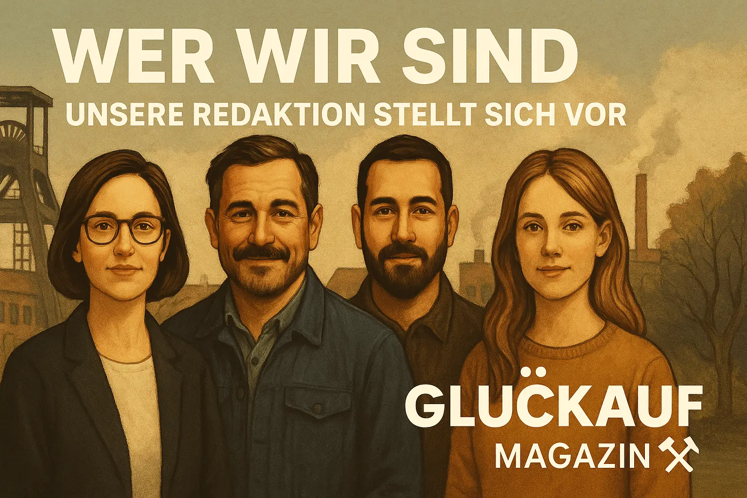Eine Gruppe von vier Personen posiert für ein Porträt im Hintergrund einer Industriearchitektur, mit dem Titel "Glückauf Magazin".